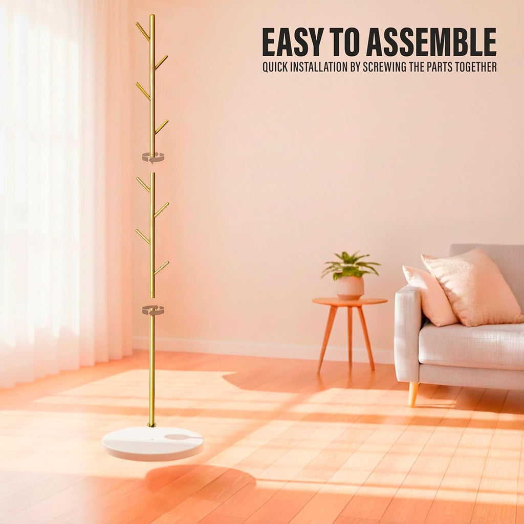 Coat Rack with Real Marble Base, Freestanding Metal Clothing Rack with 8 Hooks, Modern Hall Tree for Entryway, Bedroom & Office, Space Saving Coat Hanger Stand for Small Spaces (Gold)