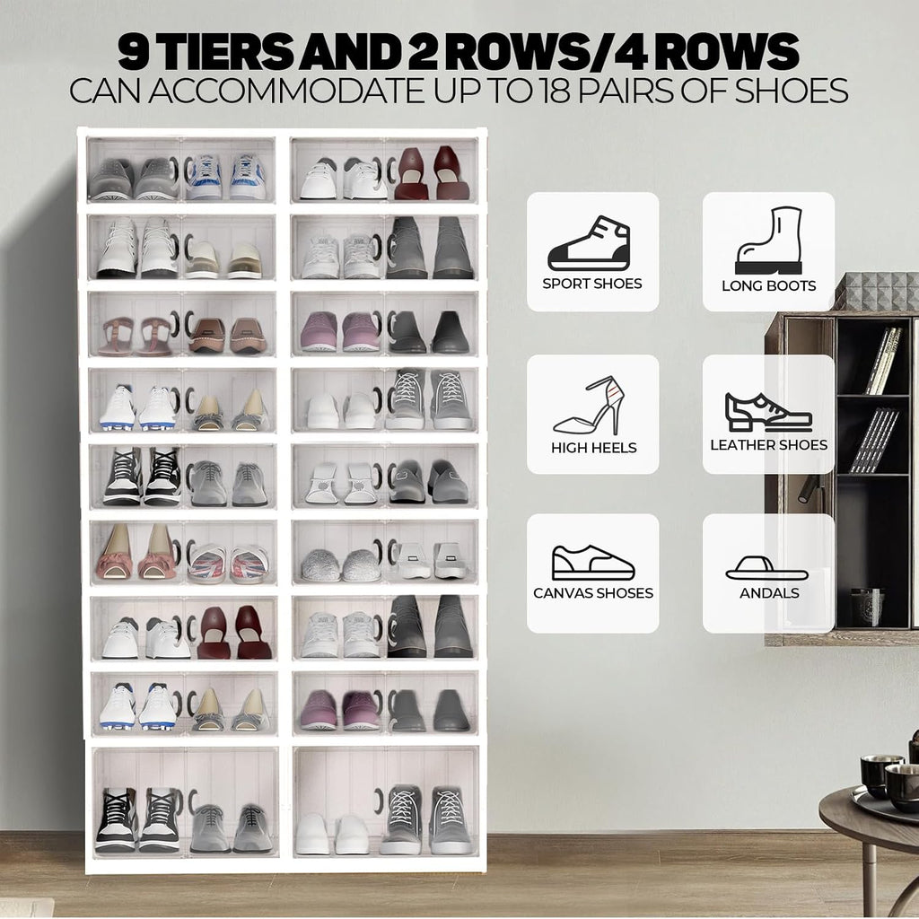 FAHKNS Foldable Shoe Rack, Transparent Shoe Boxes with Magnetic Double Doors, Shoe Organizer Storage for Entryway/Bedroom/Cloakroom, Large Shoe Cabinet with Hidden Bottom Roller 9 Tiers 4 Row (White)
