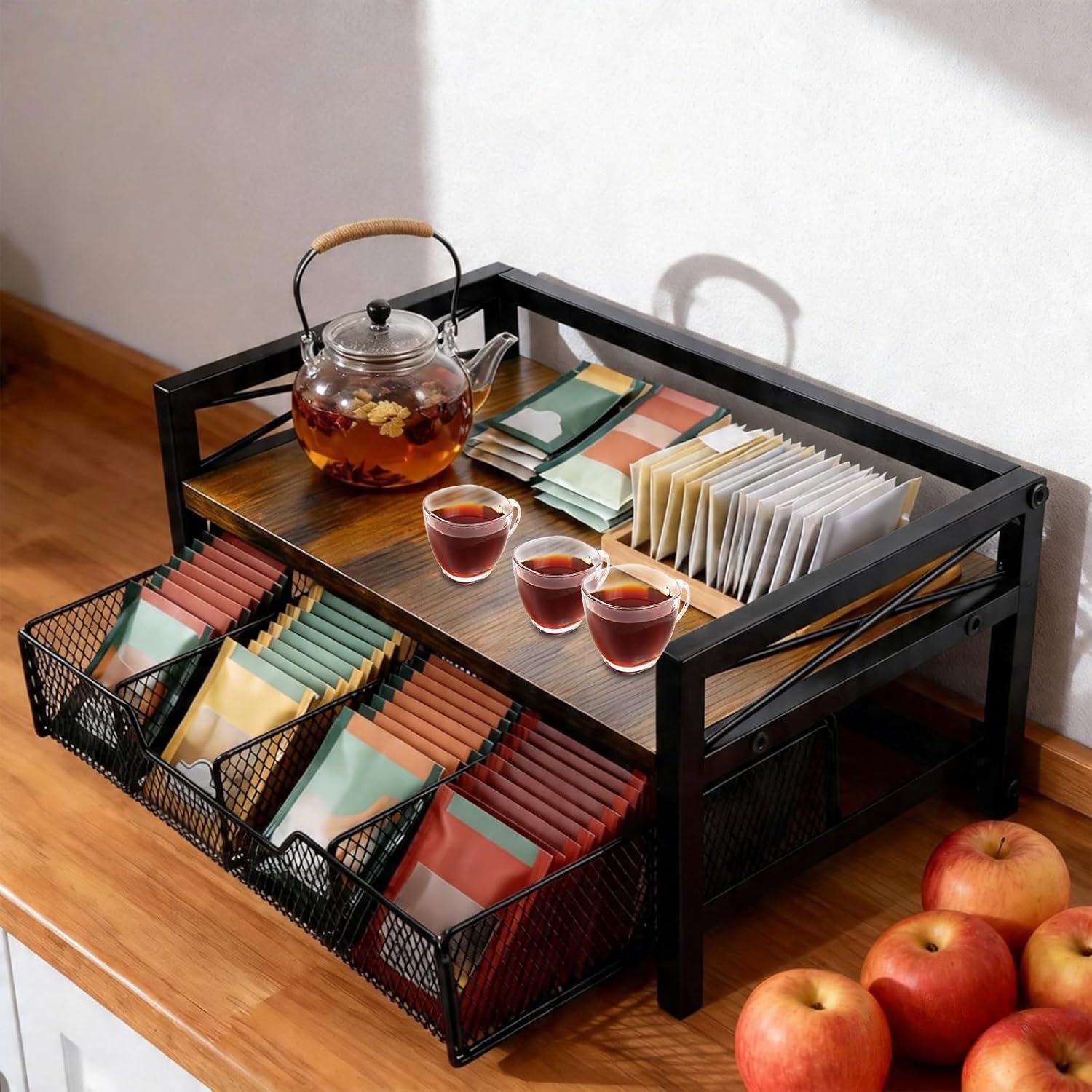 NANXITU Tea Holder Organizer,Wood Tea Box Organizer Storage Box | Tea Caddy for Tea Bags Organizer Drawer,with 8 Compartments Multi-Functional Tea Station Chest for Countertop