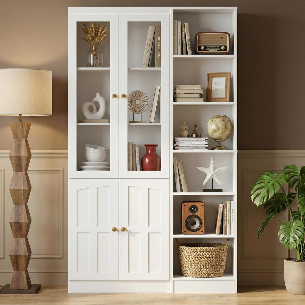 Cyclysio 80" Tall Pantry Cabinet with Tempered Glass Doors, Kitchen Cabinet with Anti-Tipping Device and Adjustable Shelves, Versatile Cupboard for Kitchen, Dining, Set of 2 (White)
