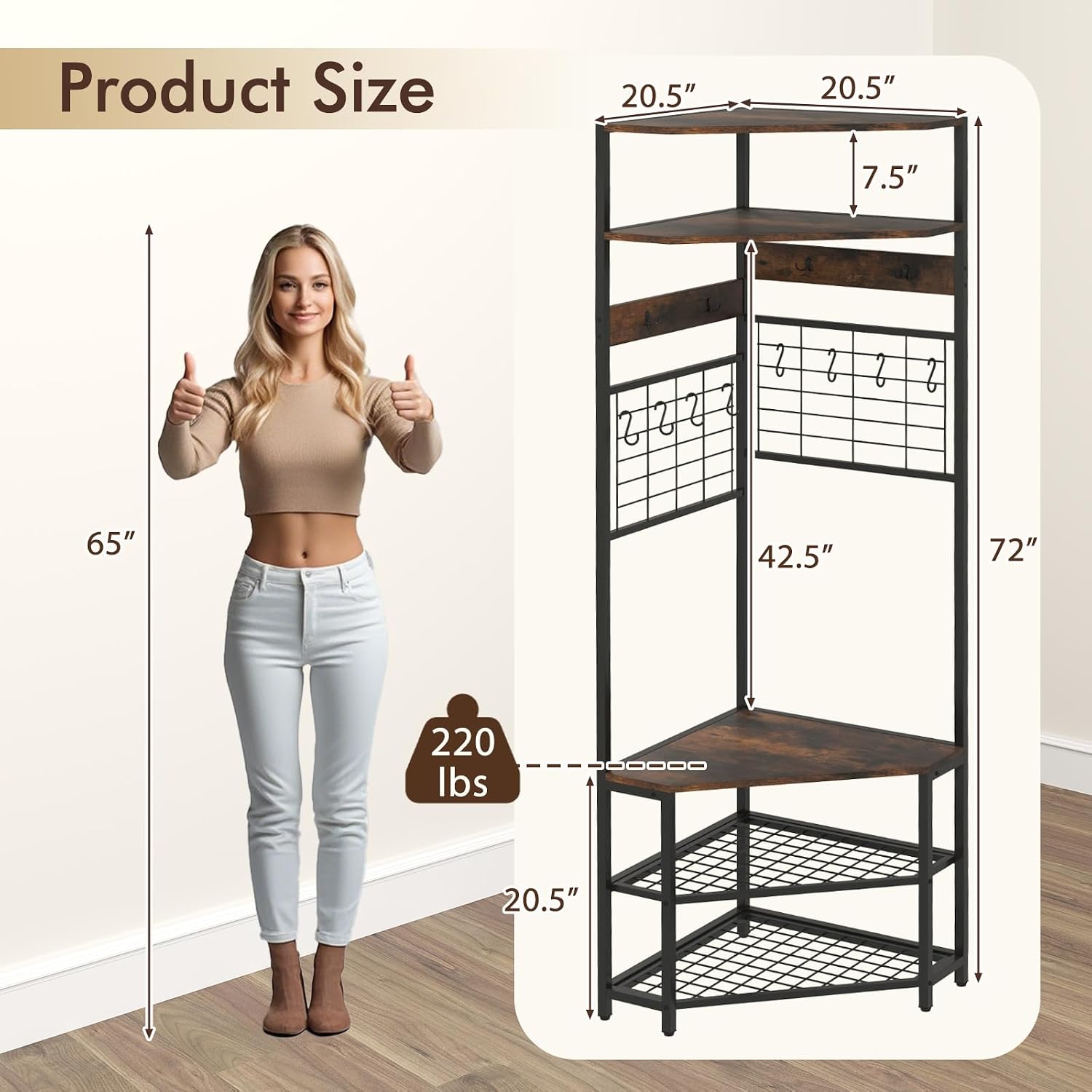 Giantex Corner Hall Tree, 73" Tall Coat Rack w/Shoe Storage Bench, 12 Metal Hooks, 5-Tier Entryway Shoes Shelf Organizer, Freestanding Clothes Rack for Living Room, Bedroom (Rustic Brown & Black)