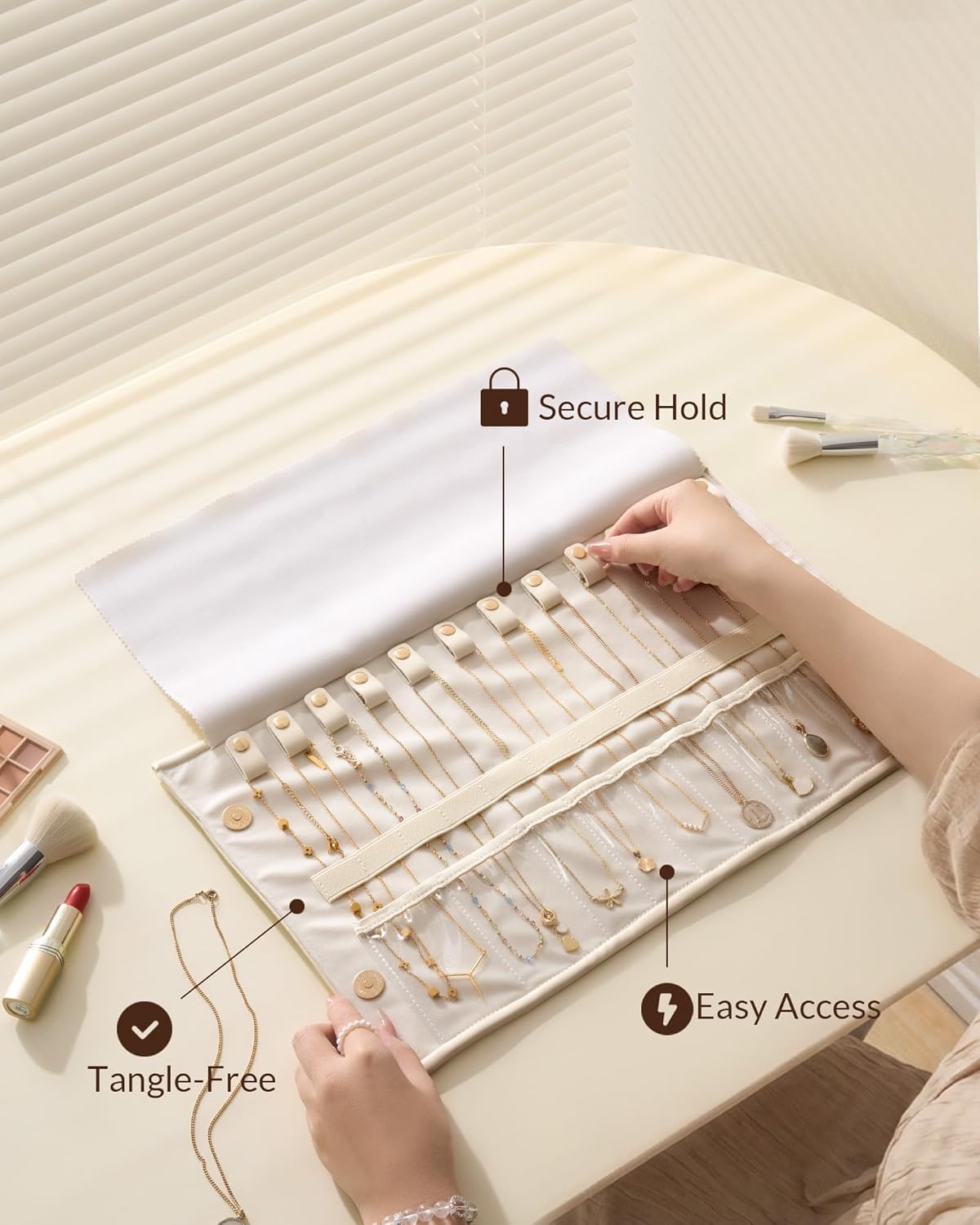 Lolalet Travel Necklace Organizer, Tangle-Free Necklace Case for Travel, Foldable Roll Up Jewelry Storage Bag for Necklaces Chains Bracelets, Beige, 12 Slots Holder