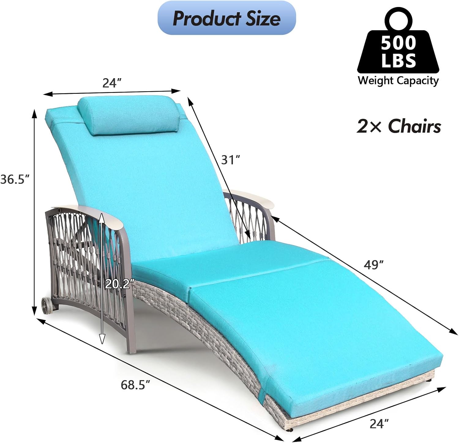 Outdoor Chaise Lounge Set of 2 Outdoor Wicker Rattan Patio Chairs Recliners with 5-Position Backrest & Thickened Cushions & Wheels for Backyard Pool Beach