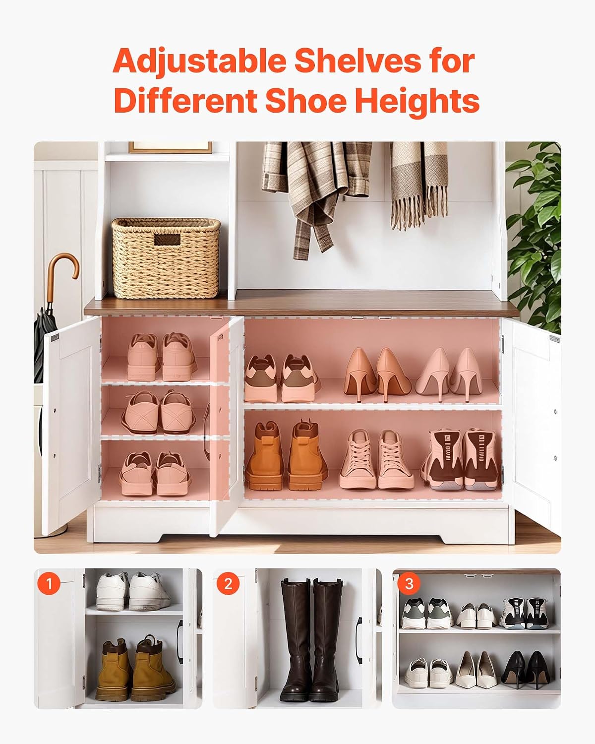 VEVOR Hall Tree with Bench and Shoe Storage, 39" Wide, Entryway Hall Tree with Bench, Hanging Hooks, Storage Shelves, Adjustable Shoe Shelves, LED Light, Wooden, for Mudroom, Entryway, Hallway, White