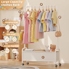 Kids Clothing Rack with Storage Box, Kids Dress Up Storage for Coats, Small Garment Rack for Hanging Clothes, Dress Up Holder with Wheels