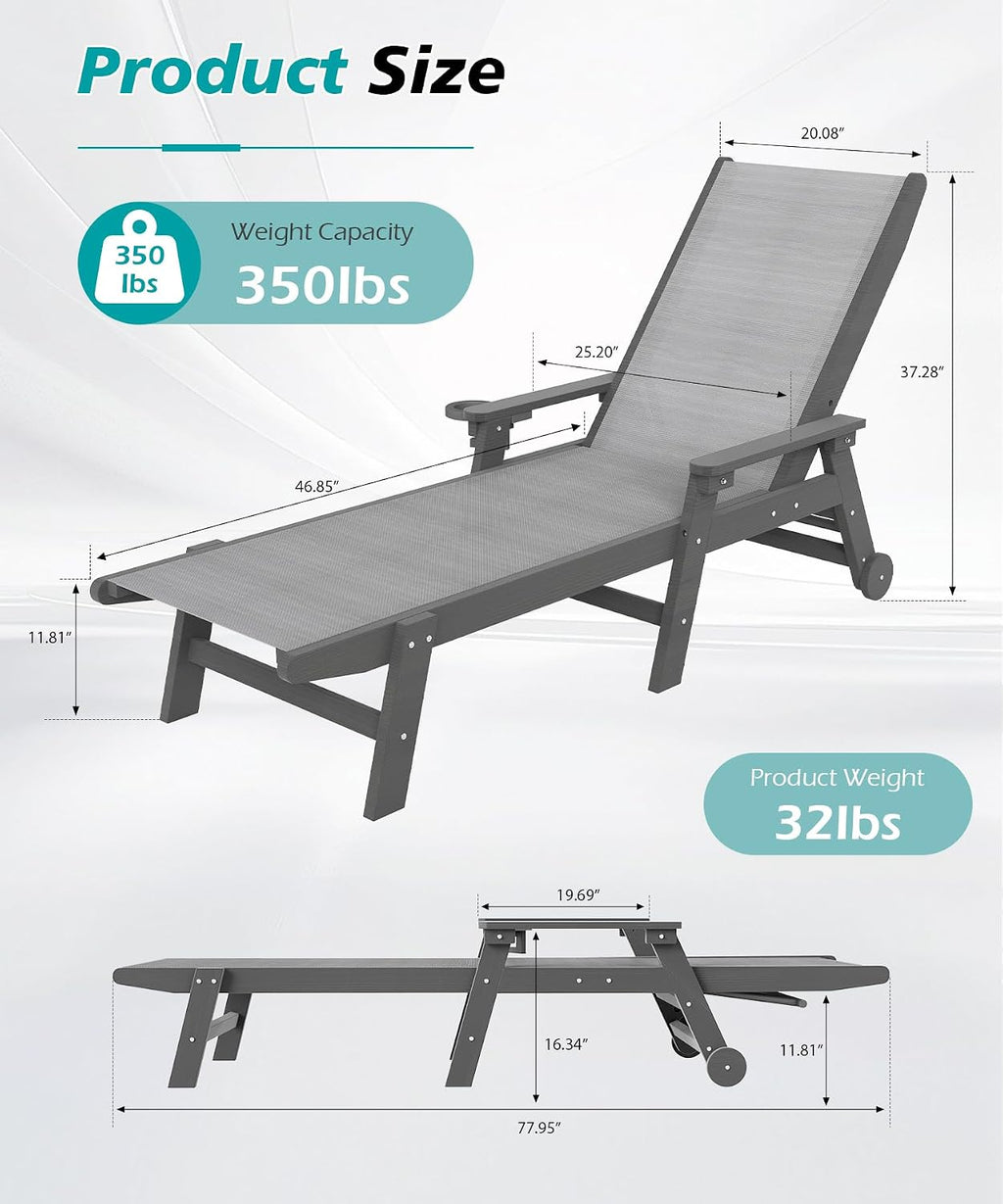 Domi Outdoor Pool Lounge Chairs Set of 2, HDPE Patio Lounge Chair with Wheels, Chaise Lounge Chair for Pool, Sunbathing Tanning, Lawn, Grey