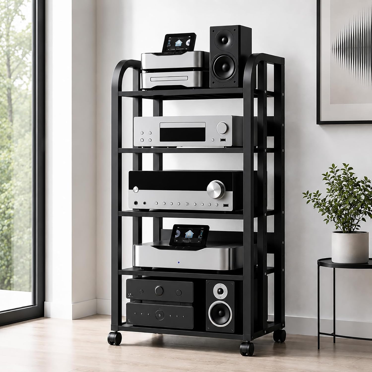 5-Tier Audio Rack with Wheels, Adjustable AV Media Stand for Stereo Components, Heavy Duty Stereo Cabinet with Open Airflow Shelves, Audio Equipment Rack for Living Room and Home Theater