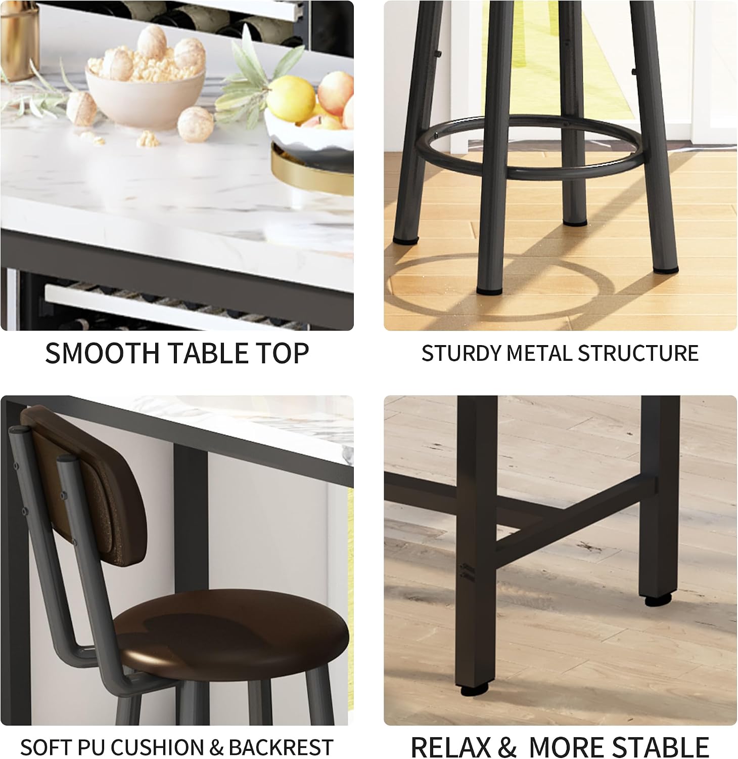 AWQM 3 Piece Bar Table Set of 2,39.3" Pub Bar Table and Chairs Set,Faux Marble Bar Height Table with 2 Backrest Stools,Small Dining Table for 2,Kitchen Table Set for Small Space,White & Brown