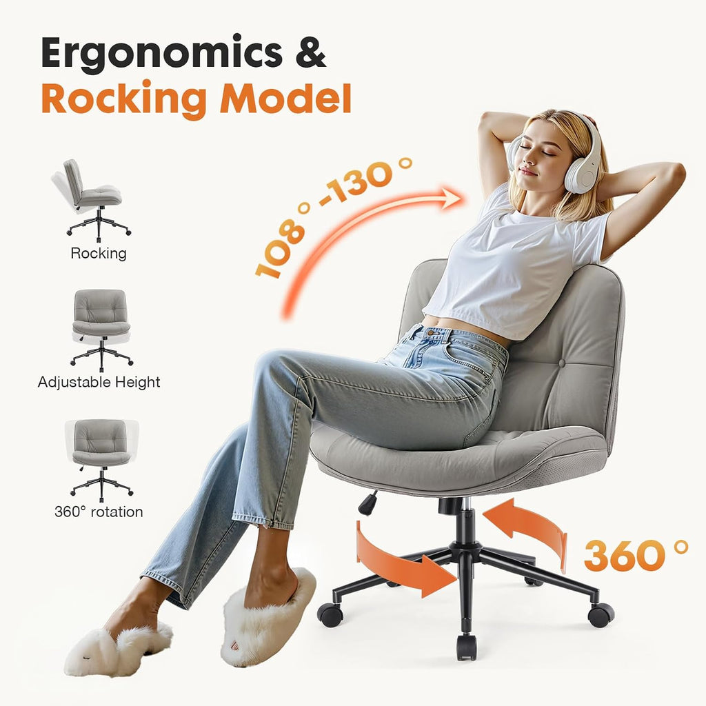 Sweetcrispy Criss Cross Chair with Wheels, Wide Seat PU Leather Armless Office Desk Vanity Chair, Comfortable Adjustable Swivel Computer Task Chairs for Bedroom, Small Space Make Up, Grey