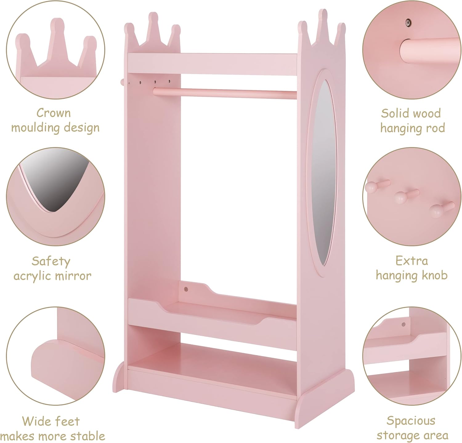 UTEX Kids Dress up Storage with Crown-Shaped Top and Mirror | Open Hanging Armoire Closet, Kids Wardrobe Closet, Water-based Paint