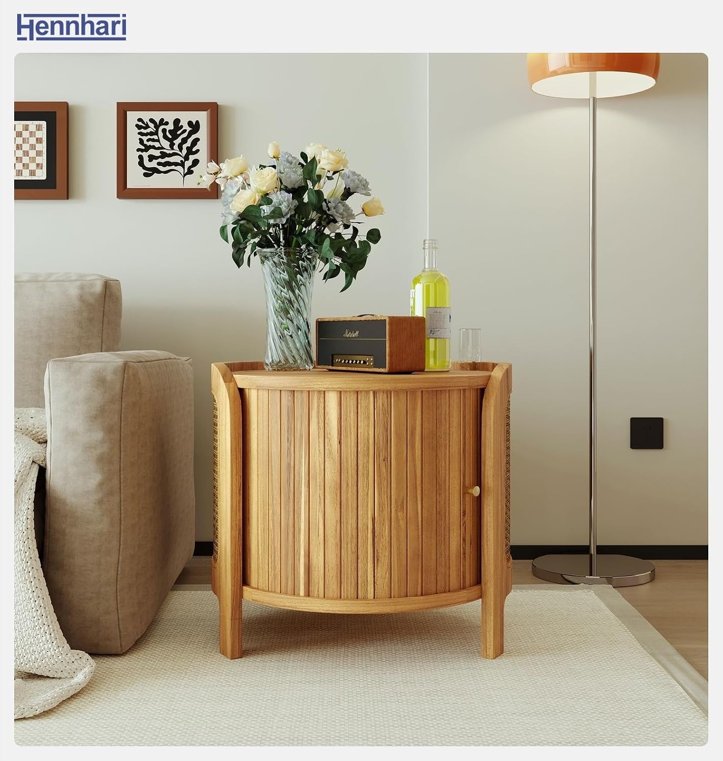 Acacia Wood Rattan Coffee Table, Side Table with Woven Cane Doors, Round End Table with Open Shelf for Bedroom, Living Room, Small Spaces (Antique Brown)