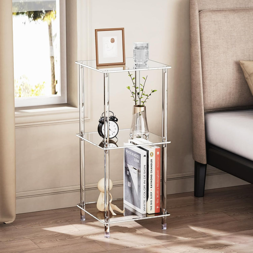 Clear Acrylic Side Table, 11.81" L x 11.81" W x 26.7" H, 3-Tier Square Corner Shelf End Table for Living Room, Small Modern Bedside Tables Nightstand for Bedroom, Home Decor Accent Table 13-01