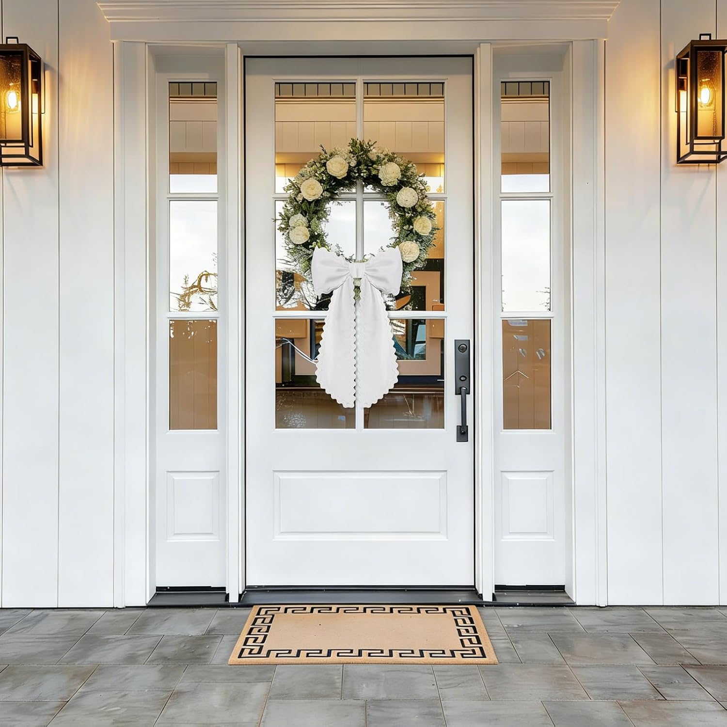 2 Pcs Scalloped Wreath Sash for Front Door Ruffle Wreath Ribbon for Yard Porch Garland Home Decor(White)