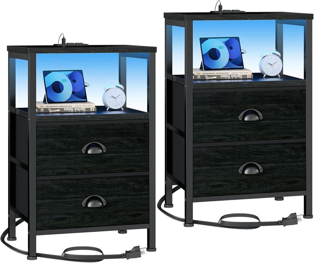 Furologee Nightstands Set of 2, End Tables with Charging Station and LED Lights, Black Night Stands with 2 Fabric Drawers, Bedside Tables Set of 2 for Living Room/Bedroom,Black Oak