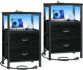 Furologee Nightstands Set of 2, End Tables with Charging Station and LED Lights, Black Night Stands with 2 Fabric Drawers, Bedside Tables Set of 2 for Living Room/Bedroom,Black Oak