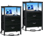 Furologee Nightstands Set of 2, End Tables with Charging Station and LED Lights, Black Night Stands with 2 Fabric Drawers, Bedside Tables Set of 2 for Living Room/Bedroom,Black Oak