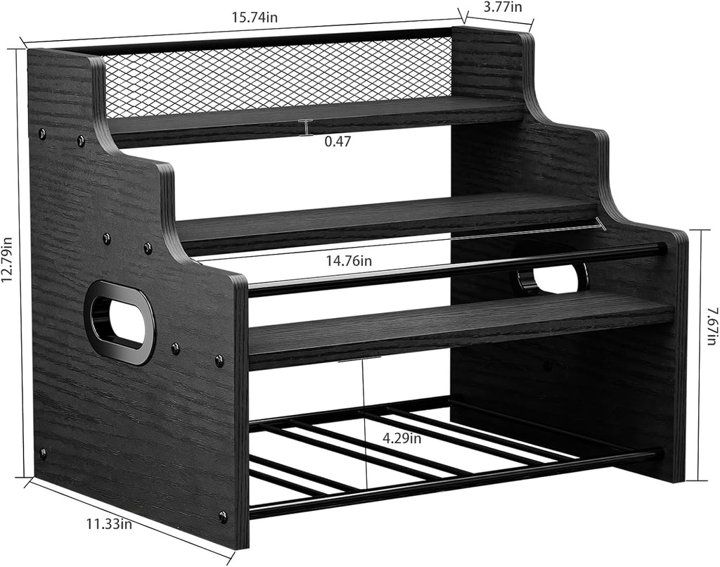 KLM 4-Tier Wood Display Shelf, Black Modern Bottle Organizer, Countertop Bar Stand for Liquor, Coffee Syrup, (Black)