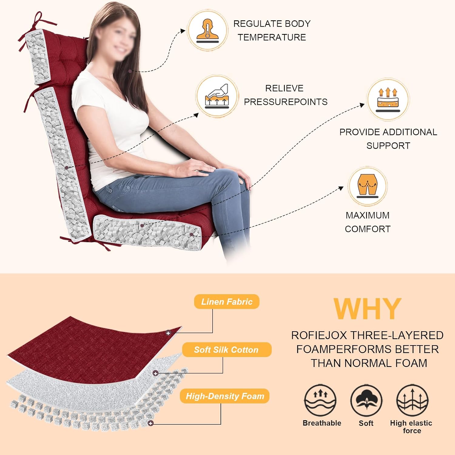 Rocking Chair Cushions Indoor High Back Set - Sackcloth Fabric, High-Density Sponge, Durable Comfort Non-Slip Bottom Tufted Seat Pads with Ties, Sackcloth︱Red, 52x19x4 inch