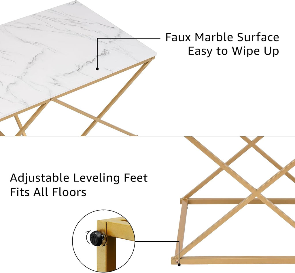 unipaws Modern Nesting Coffee Table Set of 3, Faux Marble Top with Golden Frame, Coffee Table with 2 Square End Side Tables, Perfect for Living Room, Apartment, Office