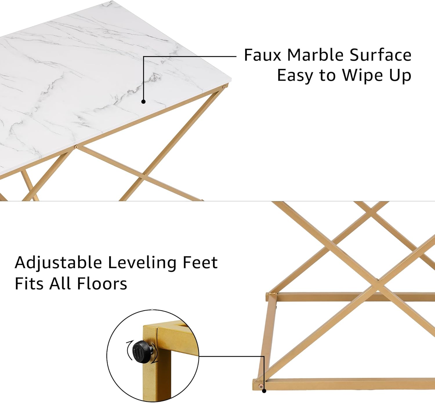 unipaws Modern Nesting Coffee Table Set of 3, Faux Marble Top with Golden Frame, Coffee Table with 2 Square End Side Tables, Perfect for Living Room, Apartment, Office