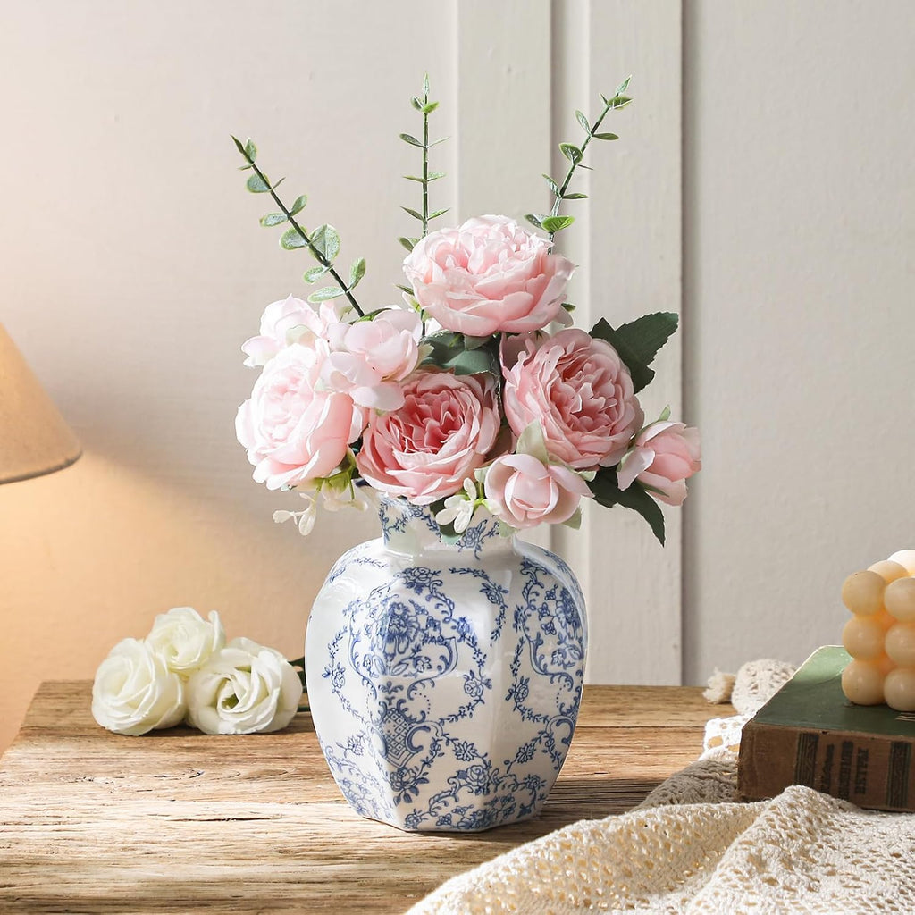 Blue and White Vase, Chinoiserie Ceramic Vase for Centerpiece, 5.91" Vintage Flower Vase for Living Room, Office,Home Decor,French Country Decor