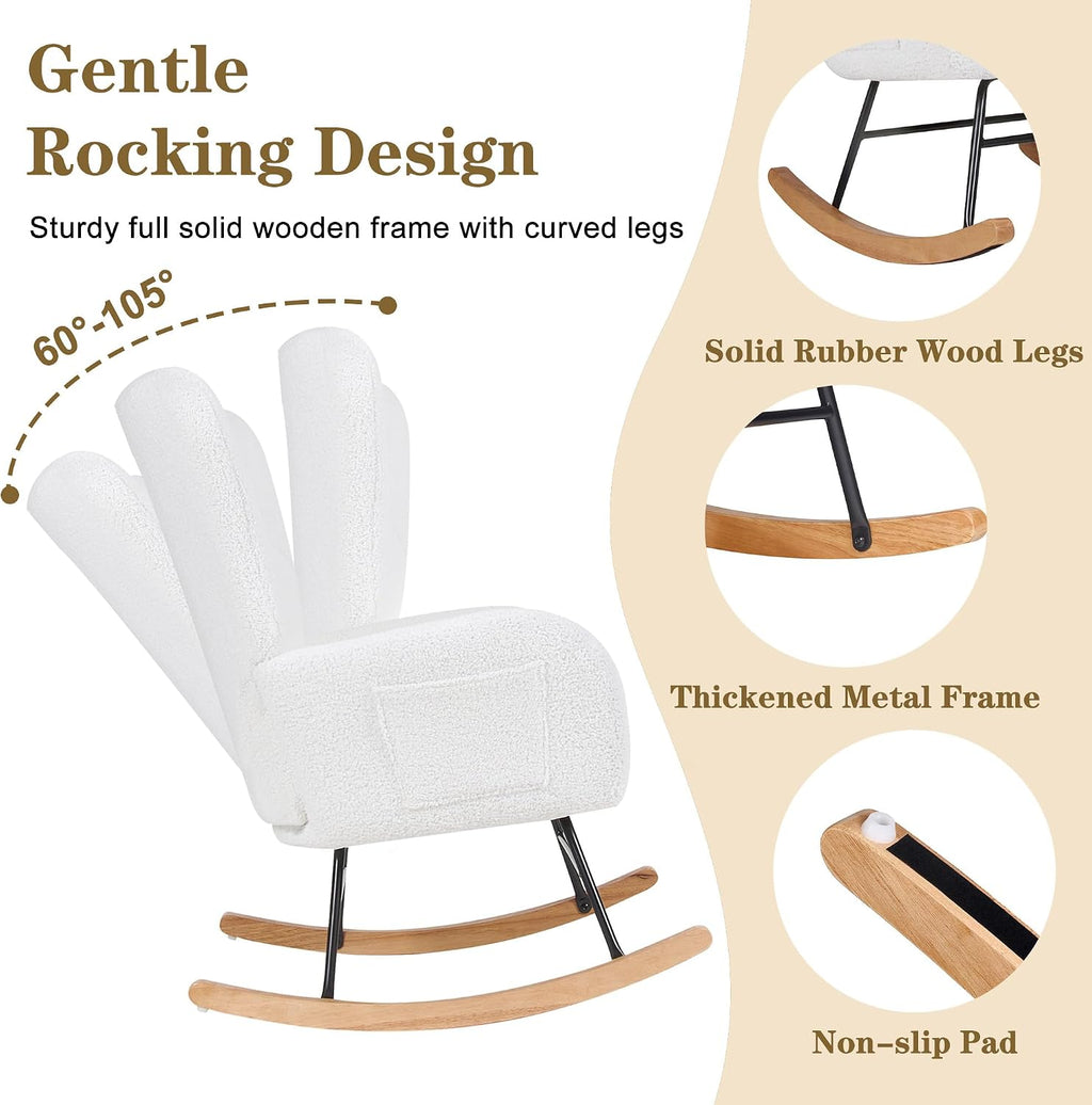 VECELO Rocking Chair Nursery with Thick Headrest, Modern Teddy Upholstered Reading Glider Rocker Accent Armchair with High Backrest, Padded Seat, Side Pocket, for LivingRoom, Bedroom, Baby Room, White