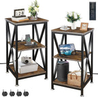 End Tables Living Room Set of 2, Square End Table with Charging Station, 16" D X 16" W X 28" H, Wood and Metal Table with USB Ports and Outlets, Side Table with Wheels for Living Room, Bedroom