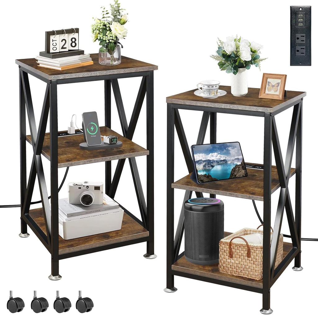 End Tables Living Room Set of 2, Square End Table with Charging Station, 16" D X 16" W X 28" H, Wood and Metal Table with USB Ports and Outlets, Side Table with Wheels for Living Room, Bedroom