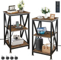 End Tables Living Room Set of 2, Square End Table with Charging Station, 16" D X 16" W X 28" H, Wood and Metal Table with USB Ports and Outlets, Side Table with Wheels for Living Room, Bedroom