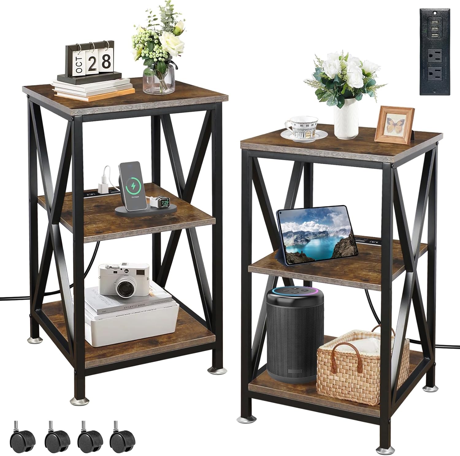End Tables Living Room Set of 2, Square End Table with Charging Station, 16" D X 16" W X 28" H, Wood and Metal Table with USB Ports and Outlets, Side Table with Wheels for Living Room, Bedroom