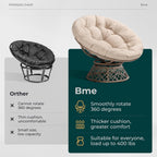 Bme 40" Ergonomic Wicker Papasan Chair with Soft Thick Density Fabric Cushion, High Capacity Steel Frame, 360 Degree Swivel for Living, Bedroom, Reading Room, Lounge, Sepia Sand - Brown Base