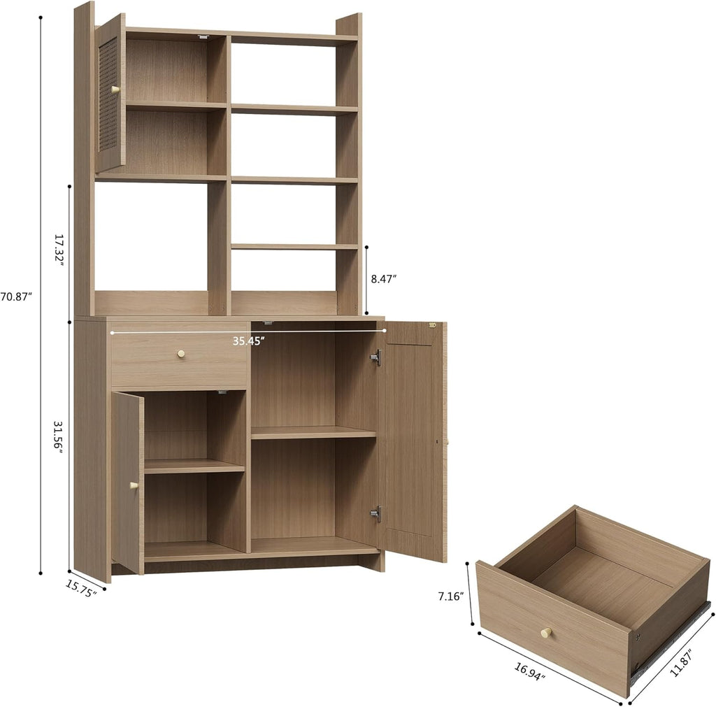 71'' Tall Kitchen Pantry Storage Cabinet, Kitchen Hutch Bar Cabinet with Microwave Stand, Farmhouse Buffet Cabinet w/Drawer, 3 Adjustable Shelf & 3 Rattan Doors for Kitchen, Dining Room (Natural)