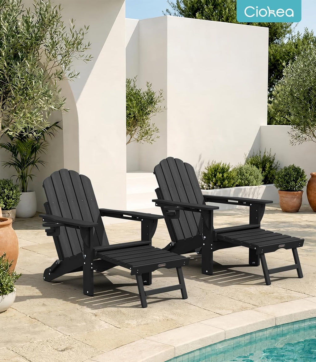 Ciokea Folding Adirondack Rocking Chairs Set of 2 with Retractable Ottoman, 4-in-1 Outdoor Adjustable Adirondack Chair with Cup Holders, HDPE Rocker for Porch, Deck, Patio, Poolside (Black)