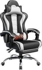 Yaheetech Gaming Chair with Electric Massage Lumbar Support, Footrest & Headrest — Ergonomic High Back Recliner for Home Office, Computer Desk Chair, Height Adjustable, 300 lbs, Black/White