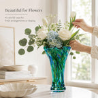 9.0" H Teal Glass Vases for Flowers, Unique Hand Blown Glass Vase Green Home Decor, Wide Mouth Colorful Flower Vase Centerpieces, for Living Room Table Bookshelf, Bathroom Office Shelf Decorative