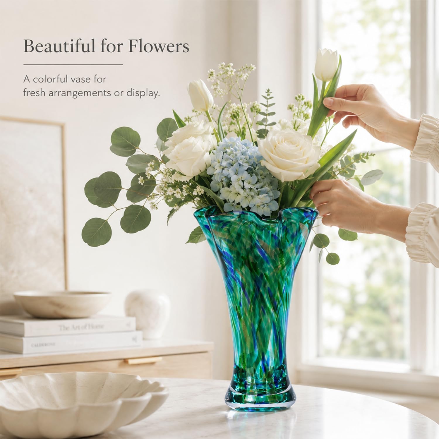 9.0" H Teal Glass Vases for Flowers, Unique Hand Blown Glass Vase Green Home Decor, Wide Mouth Colorful Flower Vase Centerpieces, for Living Room Table Bookshelf, Bathroom Office Shelf Decorative
