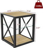 Modern End Table with Tempered Glass Shelf and Natural Wood MDF, Industrial Metal Frame Side Table for Living Room Bedroom Office, Functional Compact Three-Tier Accent Furniture Piece Design