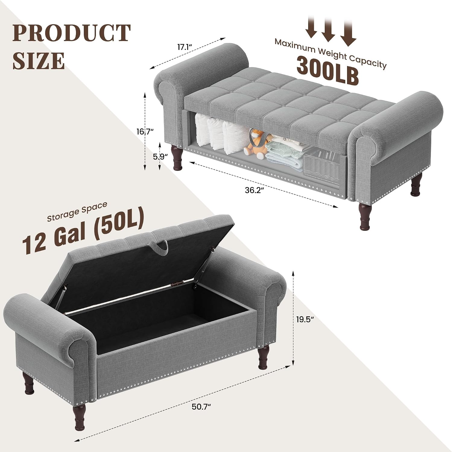 YOUDENOVA Ottoman with Storage, 51" End of Bed Bench with Rolled Arms, Upholstered Storage Bench with Vintage Rivets for Bedroom, Living Room, Entryway, Light Gray