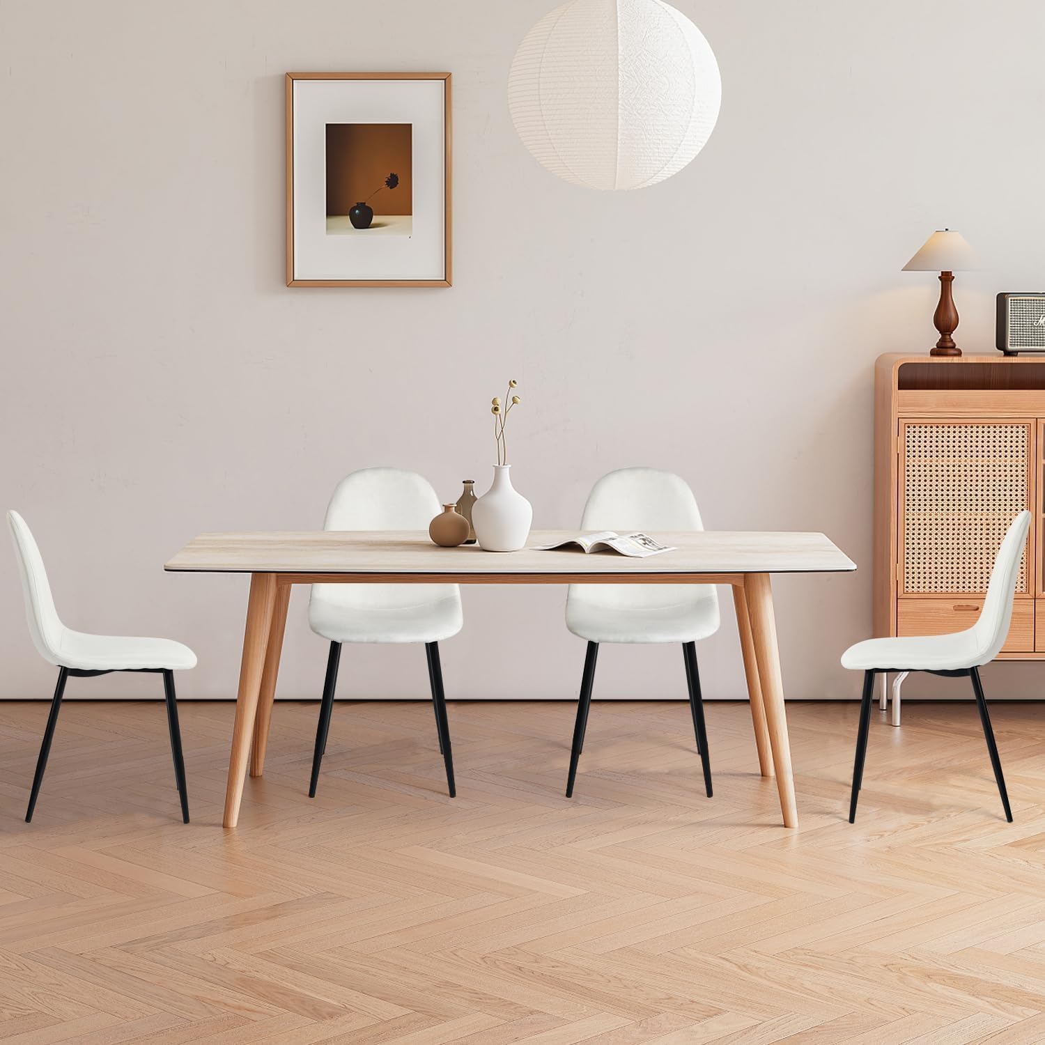 FurnitureR Dining Chairs Set of 4, Fabric Comfy Seat Armless Side Chairs with Metal Legs Mid Century for Home Kitchen Reception Room, Beige