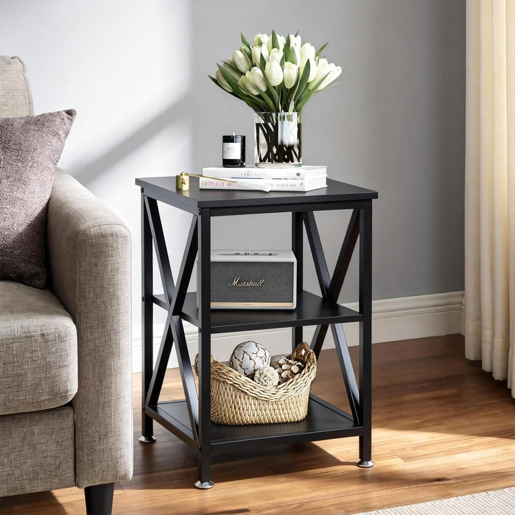 TooCust Square End Table with Storage Shelf, 16" D X 16" W X 24" H, 3-Tier End Table Living Room, Black Metal End Tables, X-Shaped Night Stand for Bedroom, Farmhouse Wood End Tables Black