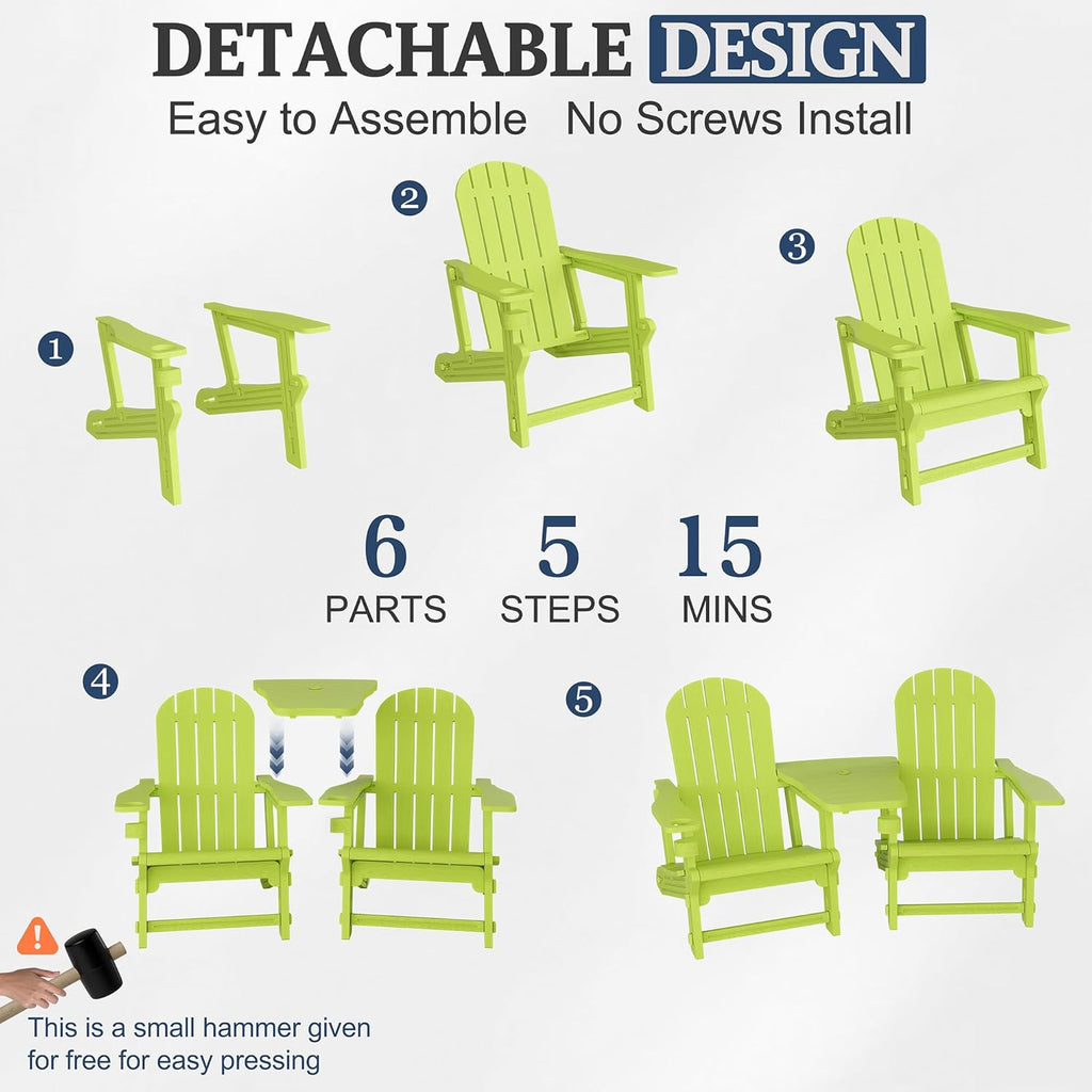 Vongrasig Adirondack Chairs Set of 2 with Removable Tabletop, Outdoor HDPE Plastic Fire Pit Chair Set with Wooden Textured, Cup Holder for Patio, Poolside, Deck, Garden, Green, 3 Pieces