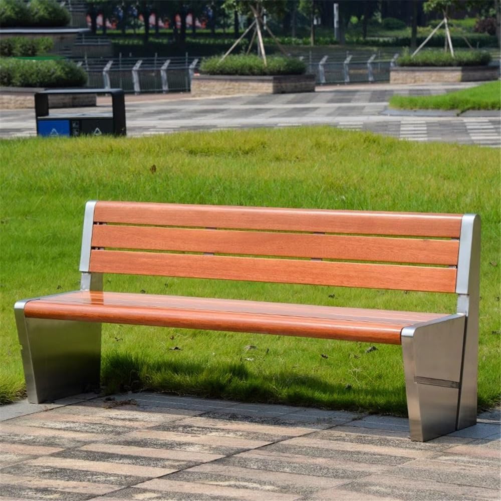 Garden Outdoor Park Backrest Chair, Stainless Steel Frame Wooden Bench, Garden Patio Leisure Seating Seat(Small)