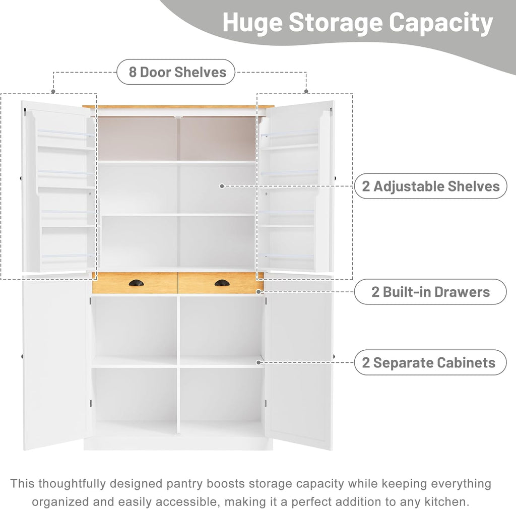 LUMISOL Kitchen Pantry Sideboard, 71.3” High Freestanding Large Cupboard Storage Cabinet with 2 Drawers, 2 Adjustable Shelves, 8 Door Shelves for Kitchen, Dining Room, White