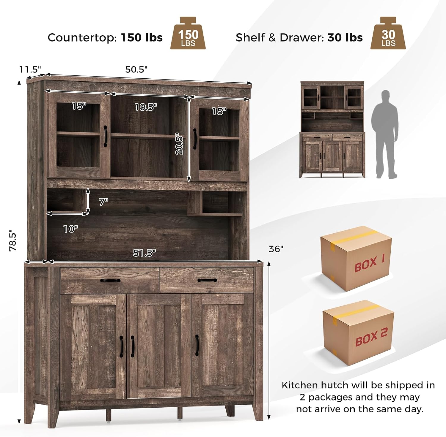 78.5" Tall Kitchen Hutch Storage Cabinet, Large Buffet Cupboard with Glass Doors, Drawers, Adjustable Shelves, Wooden Kitchen Pantry Cabinet with Microwave Shelf for Home Coffee Bar