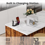 55-Inch Home Bar Unit, 2-Tier Drop Leaf Mini Bar Table with LED Light & Charging Station, Modern Faux Marble Counter Height Pub Table with Footrest for Dining Room, Living Room, Bistro