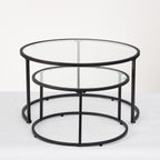 Modern Nesting Glass Coffee Table Set of 2, Round Tempered Glass Coffee Table for Living Room & Bedroom, Space-Saving Design with Adjustable Feet (Large Size + Black Frame)