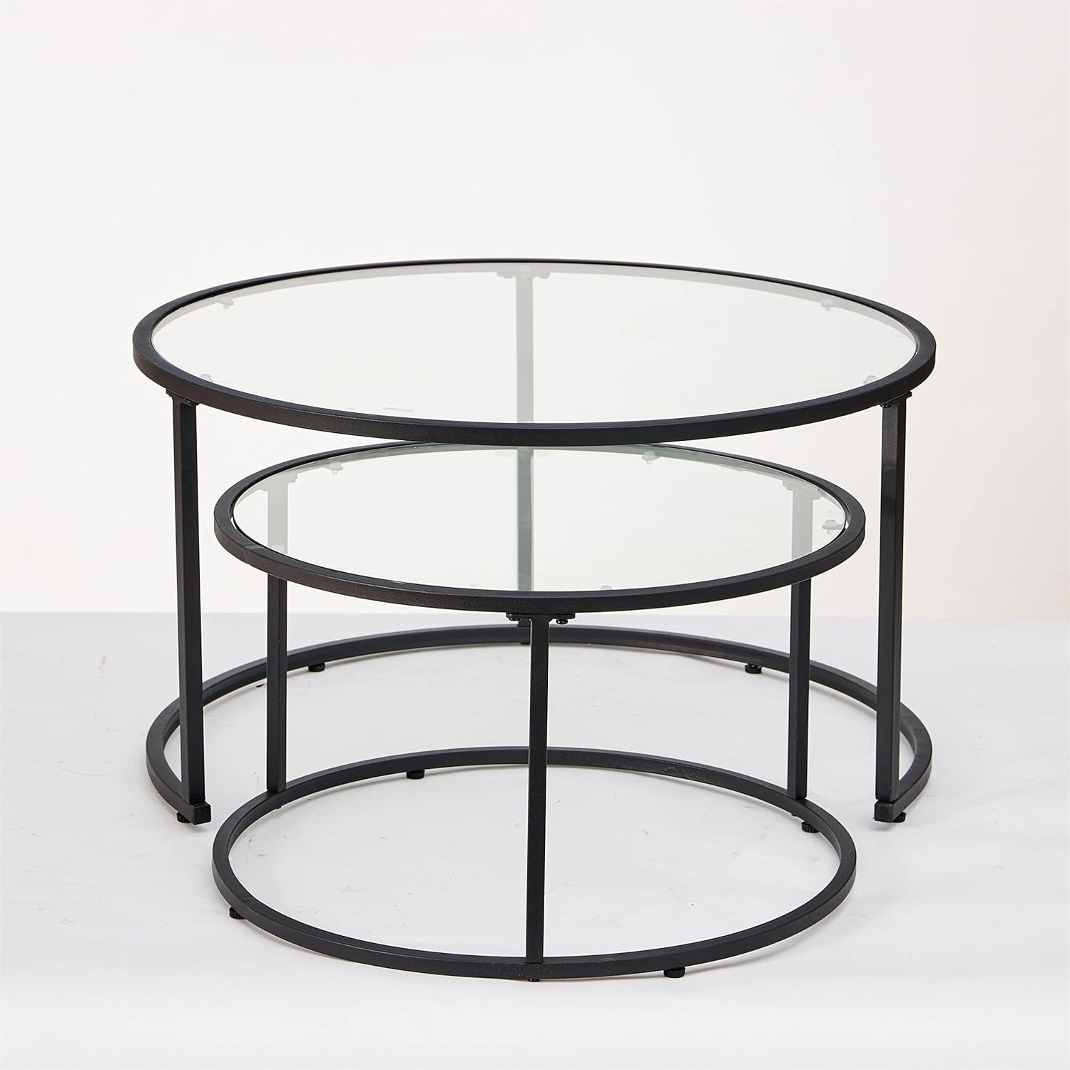 Modern Nesting Glass Coffee Table Set of 2, Round Tempered Glass Coffee Table for Living Room & Bedroom, Space-Saving Design with Adjustable Feet (Large Size + Black Frame)