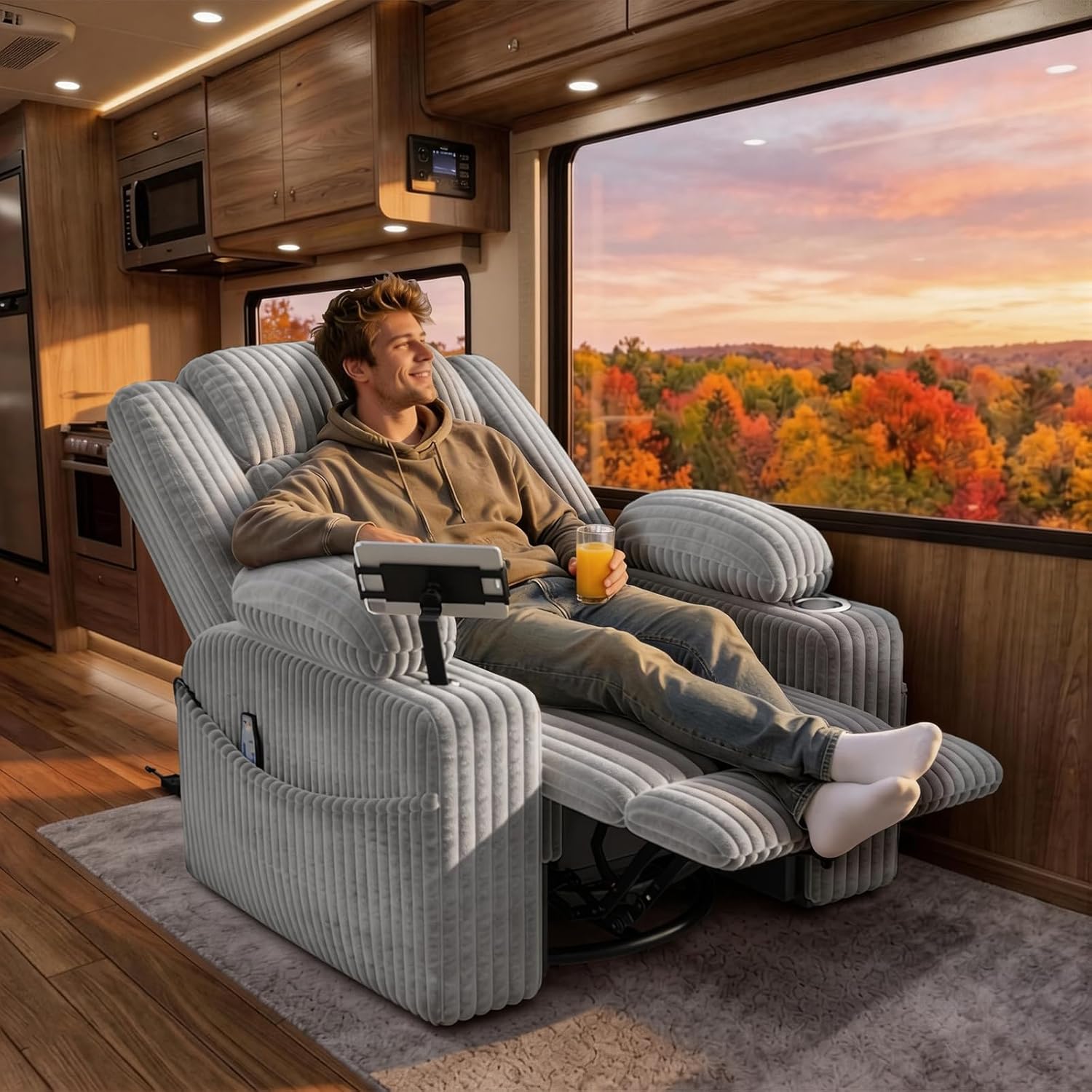 EROMMY Power Oversized Swivel Rocker Recliner with Massage and Heat, Nursery Rocking Chairs for Living Room, Comfy Glider Chair with Cup Holders, Armrest Storage,USB&Type-C Ports,Grey