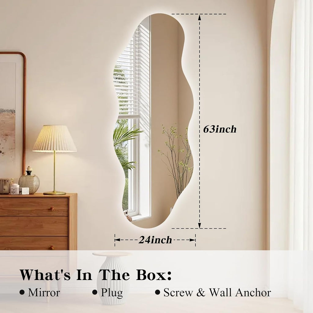 QDSSDECO LED Full Length Mirror 63"x24" Irregular Wall Mirror Wave Frameless for Living Room Bathroom Bedroom Entryway Decor