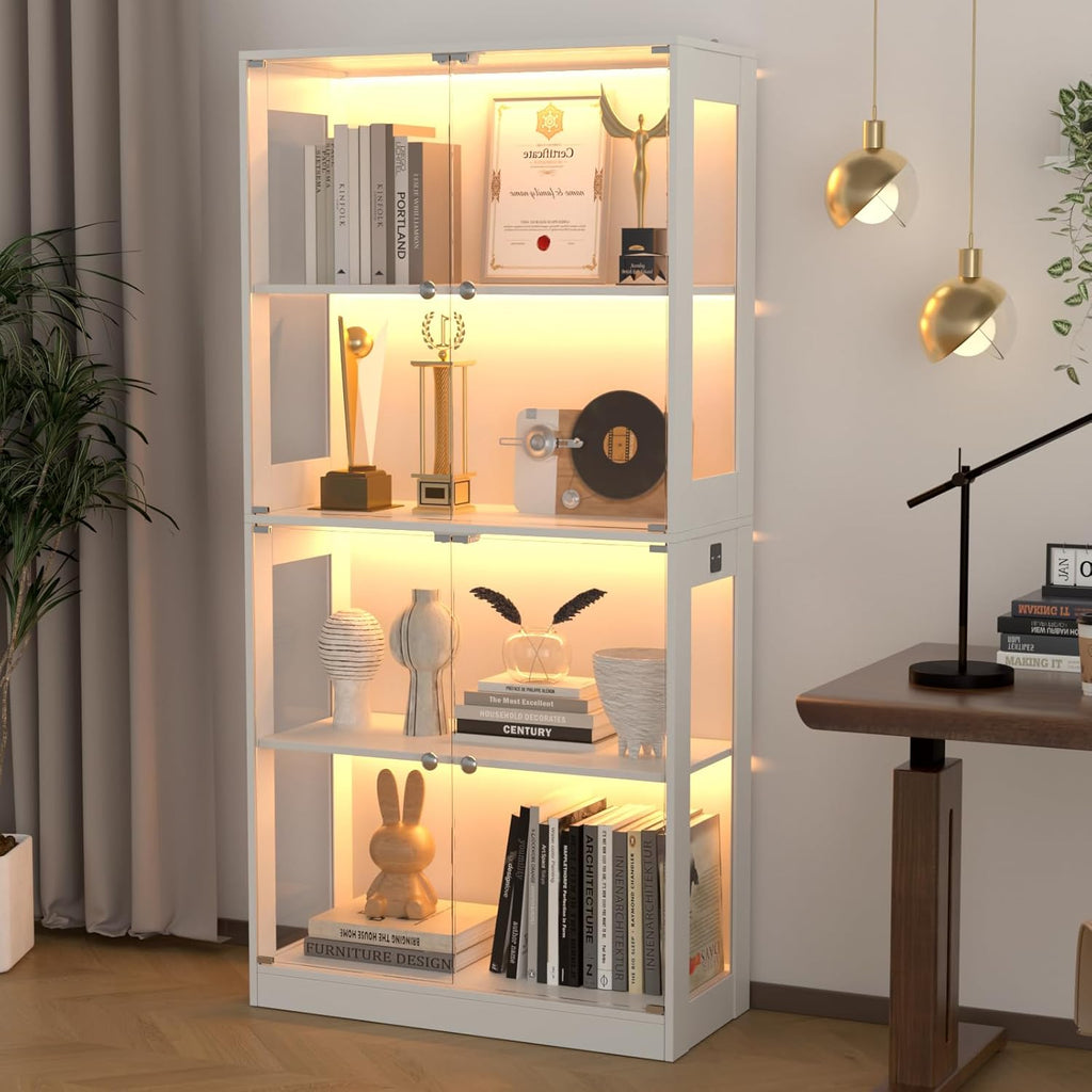 VOWNER 65'' Display Cabinet with Glass Door, 4-Tier Curio Cabinet for Collectibles Trophy, Glass Display Case with Human Body Sensor, 3 Color Lights, Bookcase Storage Cabinets for Living Room, Study